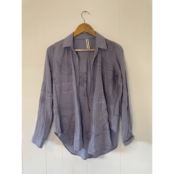 Anthropologie Button Down Embroidered Floral Shirt Top XXS Western Boho Blue - Picture 10 of 14